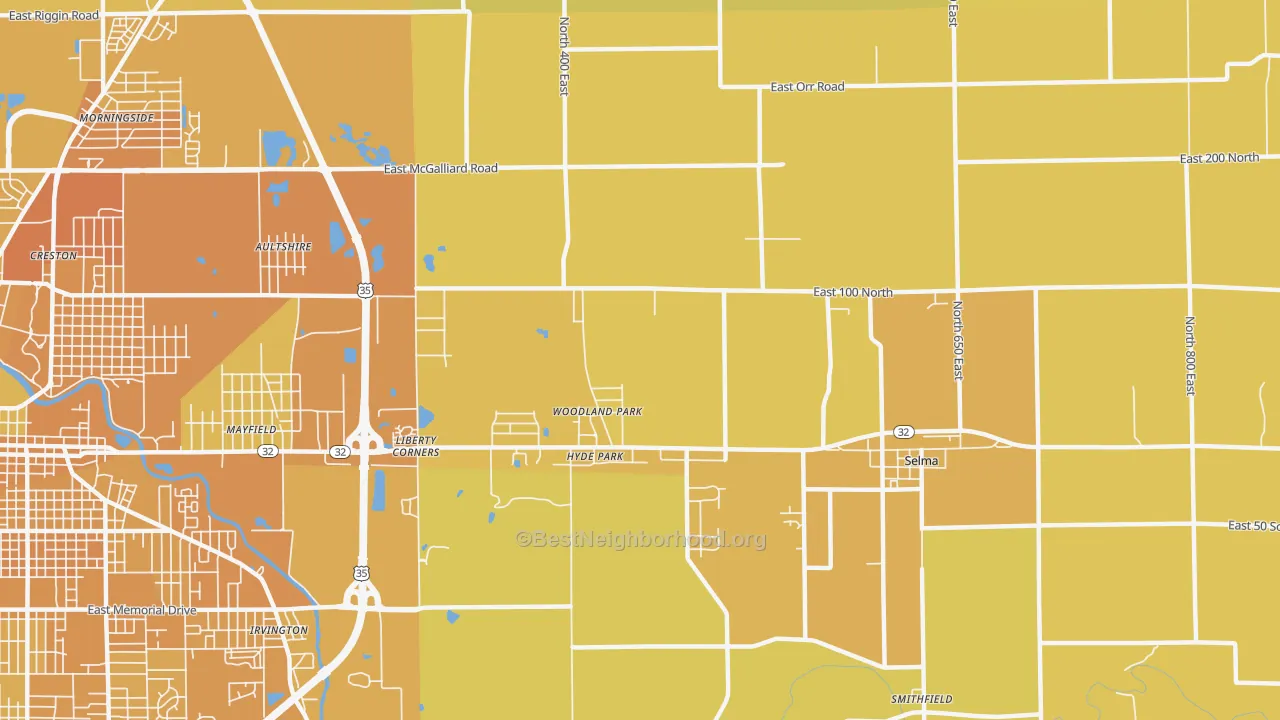 Map of the best neighborhoods in the Woodland Park area, with better matches in green and worse matches in red