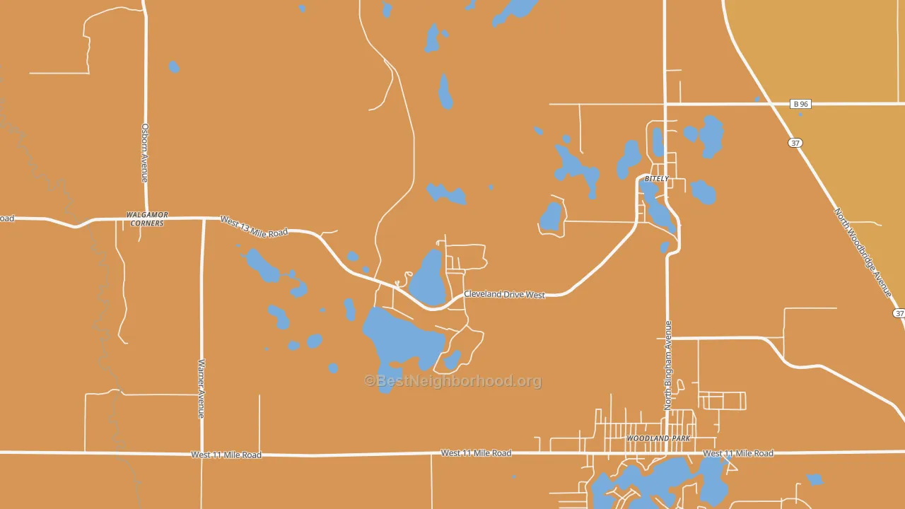 Map of the best neighborhoods in the Woodland Park area, with better matches in green and worse matches in red