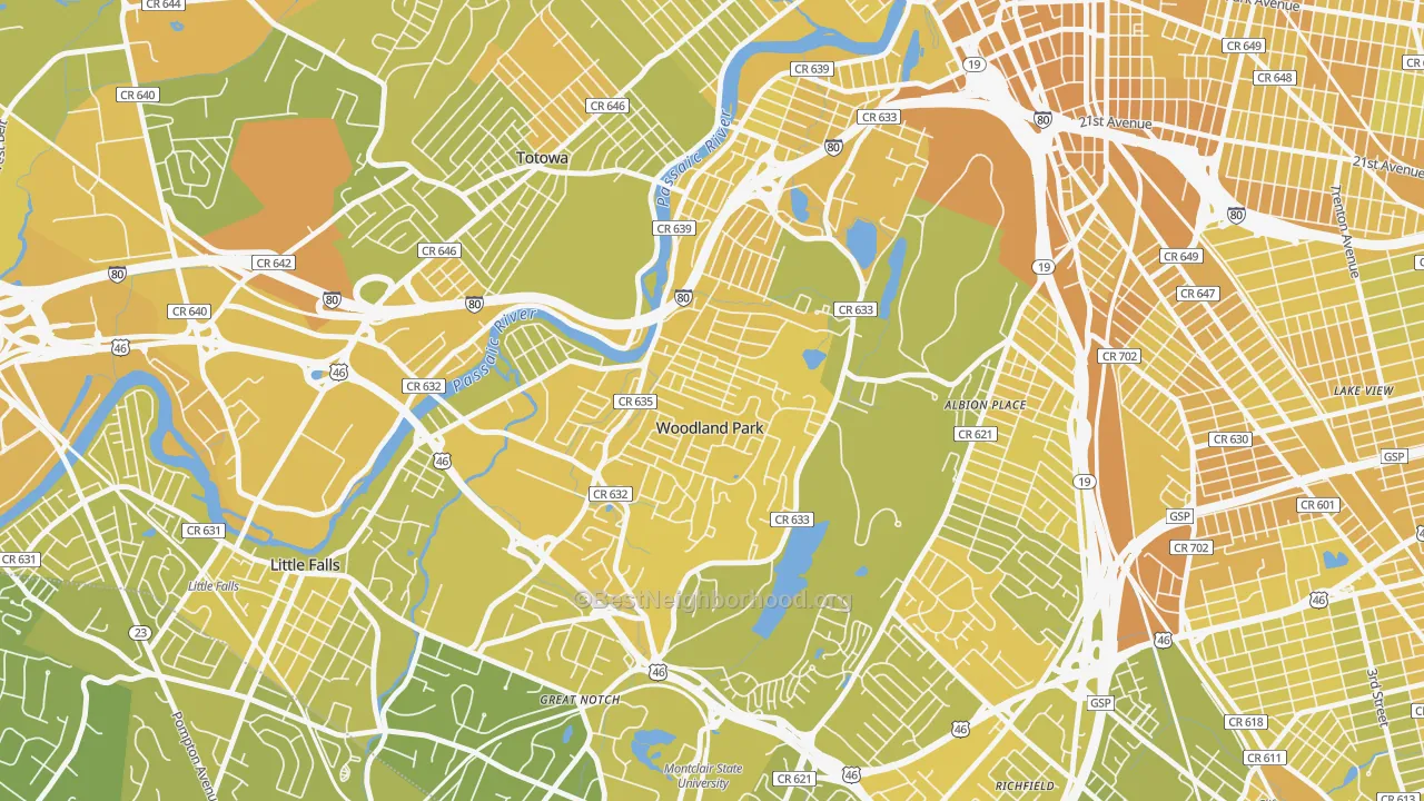 Map of the best neighborhoods in the Woodland Park area, with better matches in green and worse matches in red