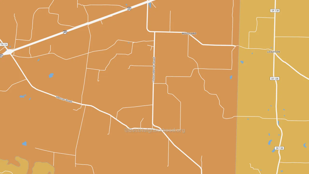 Map of the best neighborhoods in the Woodland area, with better matches in green and worse matches in red