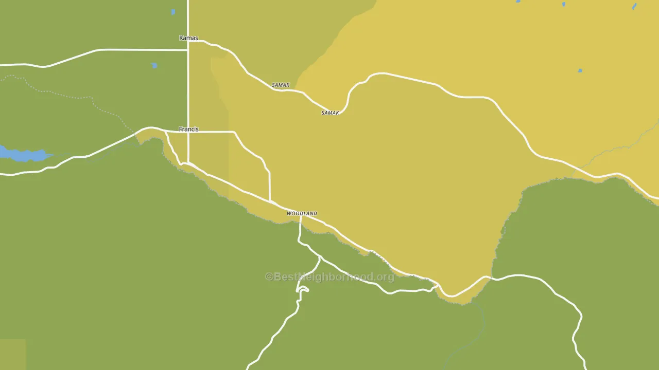Map of the best neighborhoods in the Woodland area, with better matches in green and worse matches in red