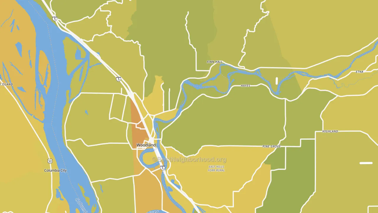 Map of the best neighborhoods in the Woodland area, with better matches in green and worse matches in red