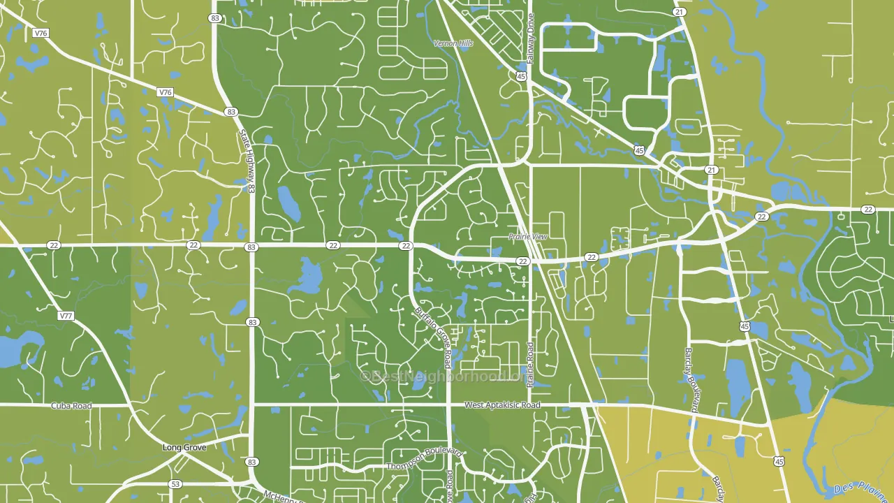 Map of the best neighborhoods in the Woodlands at Fiore, Buffalo Grove area, with better matches in green and worse matches in red