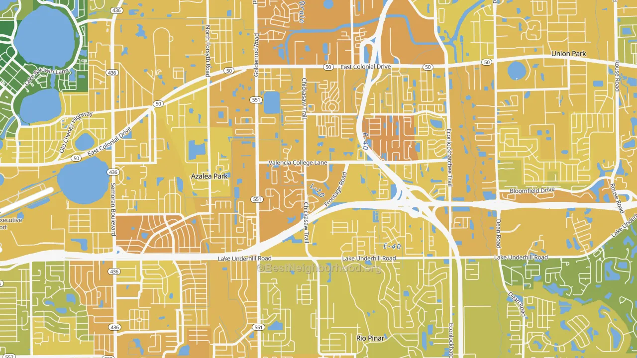 Map of the best neighborhoods in the Woodlands-Orlando, Orlando area, with better matches in green and worse matches in red