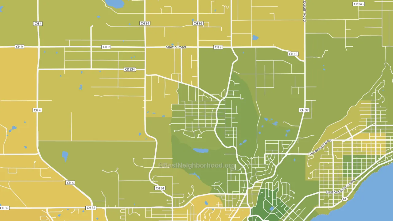 Map of the best neighborhoods in the Woodlands-Pleasantview, Duluth area, with better matches in green and worse matches in red