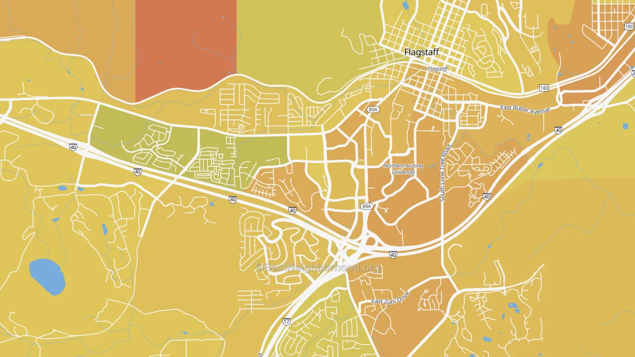 Map of the best neighborhoods in the Woodlands Village, Flagstaff area, with better matches in green and worse matches in red