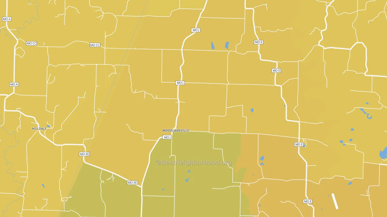 Map of the best neighborhoods in the Woodlandville area, with better matches in green and worse matches in red