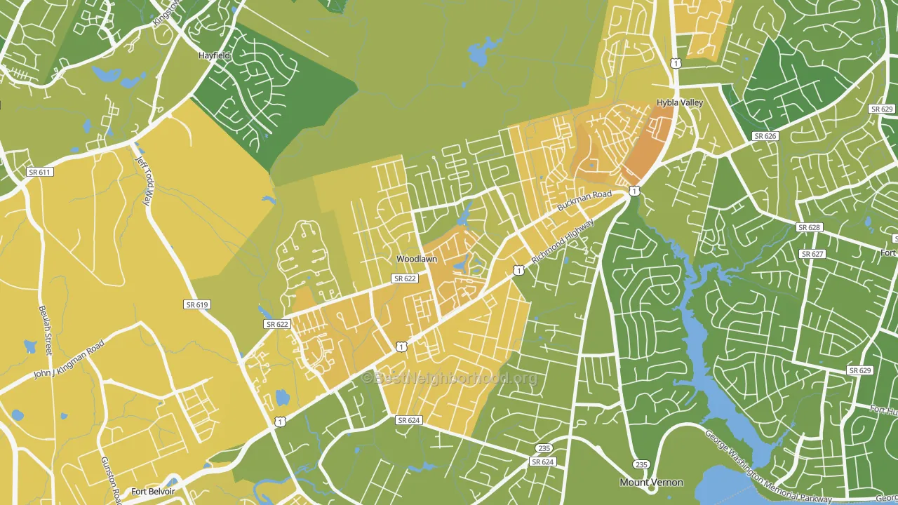 Map of the best neighborhoods in the Woodlawn, Alexandria area, with better matches in green and worse matches in red