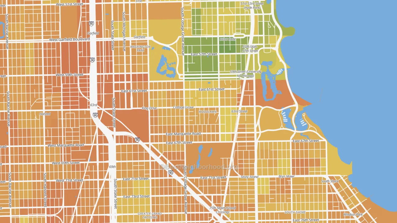 Map of the best neighborhoods in the Woodlawn, Chicago area, with better matches in green and worse matches in red