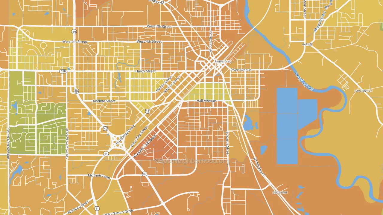 Map of the best neighborhoods in the Woodlawn Court, Hattiesburg area, with better matches in green and worse matches in red