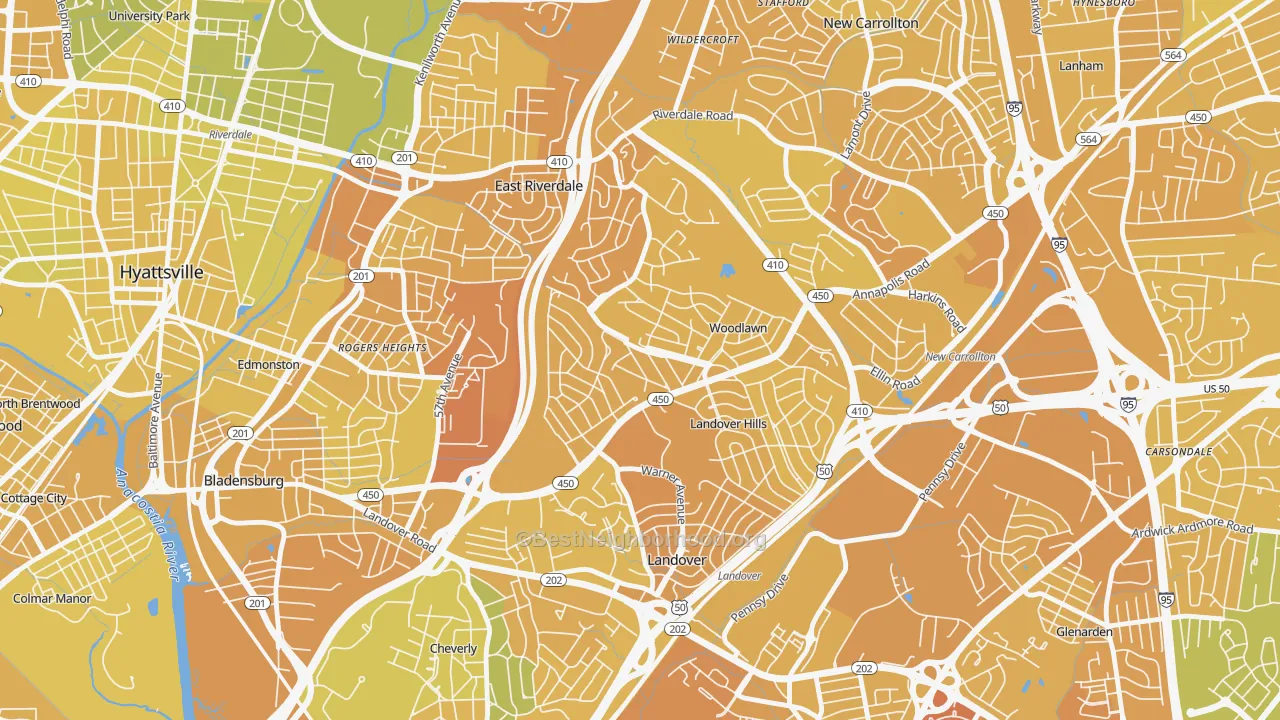 Map of the best neighborhoods in the Woodlawn Hayattsville, Hyattsville area, with better matches in green and worse matches in red