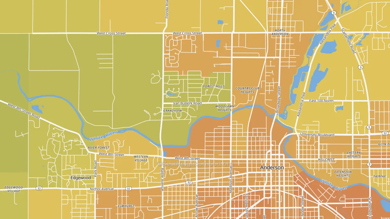 Map of the best neighborhoods in the Woodlawn Heights area, with better matches in green and worse matches in red
