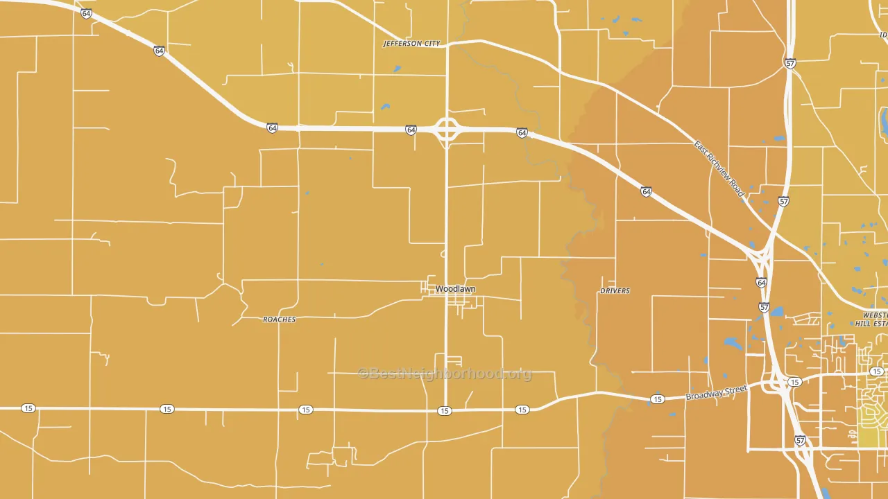 Map of the best neighborhoods in the Woodlawn area, with better matches in green and worse matches in red