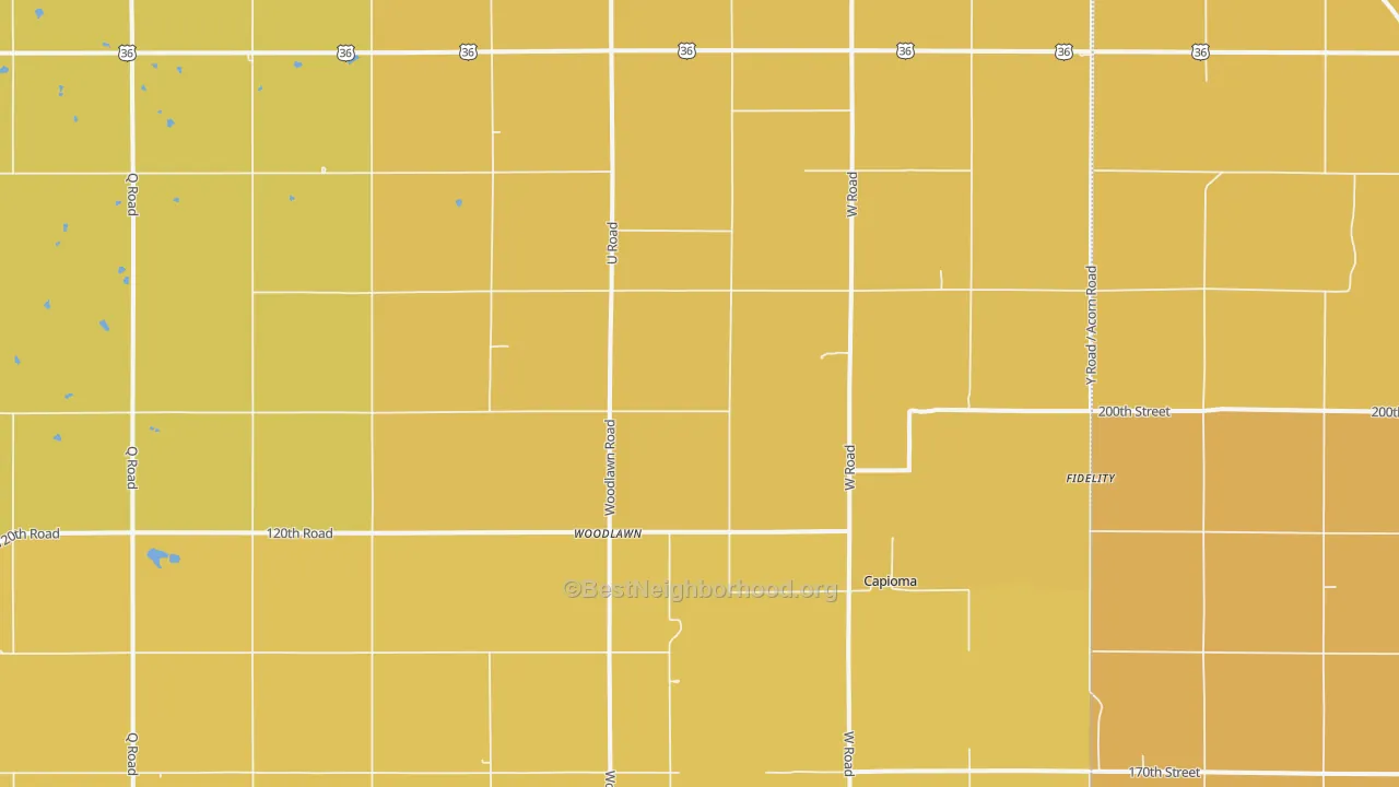 Map of the best neighborhoods in the Woodlawn area, with better matches in green and worse matches in red