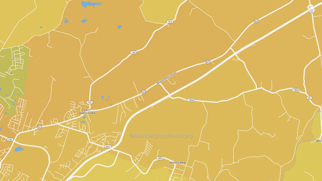 Map of the best neighborhoods in the Woodlawn area, with better matches in green and worse matches in red