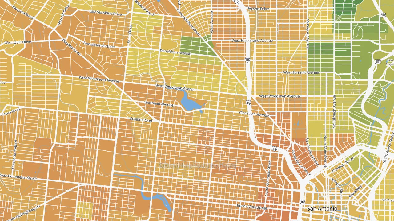 Map of the best neighborhoods in the Woodlawn Lake, San Antonio area, with better matches in green and worse matches in red