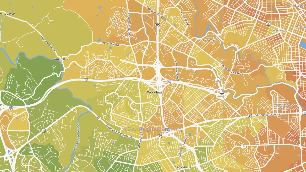 Map of the best neighborhoods in the Woodlawn area, with better matches in green and worse matches in red