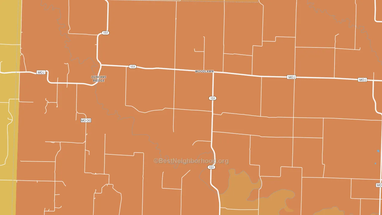 Map of the best neighborhoods in the Woodlawn area, with better matches in green and worse matches in red