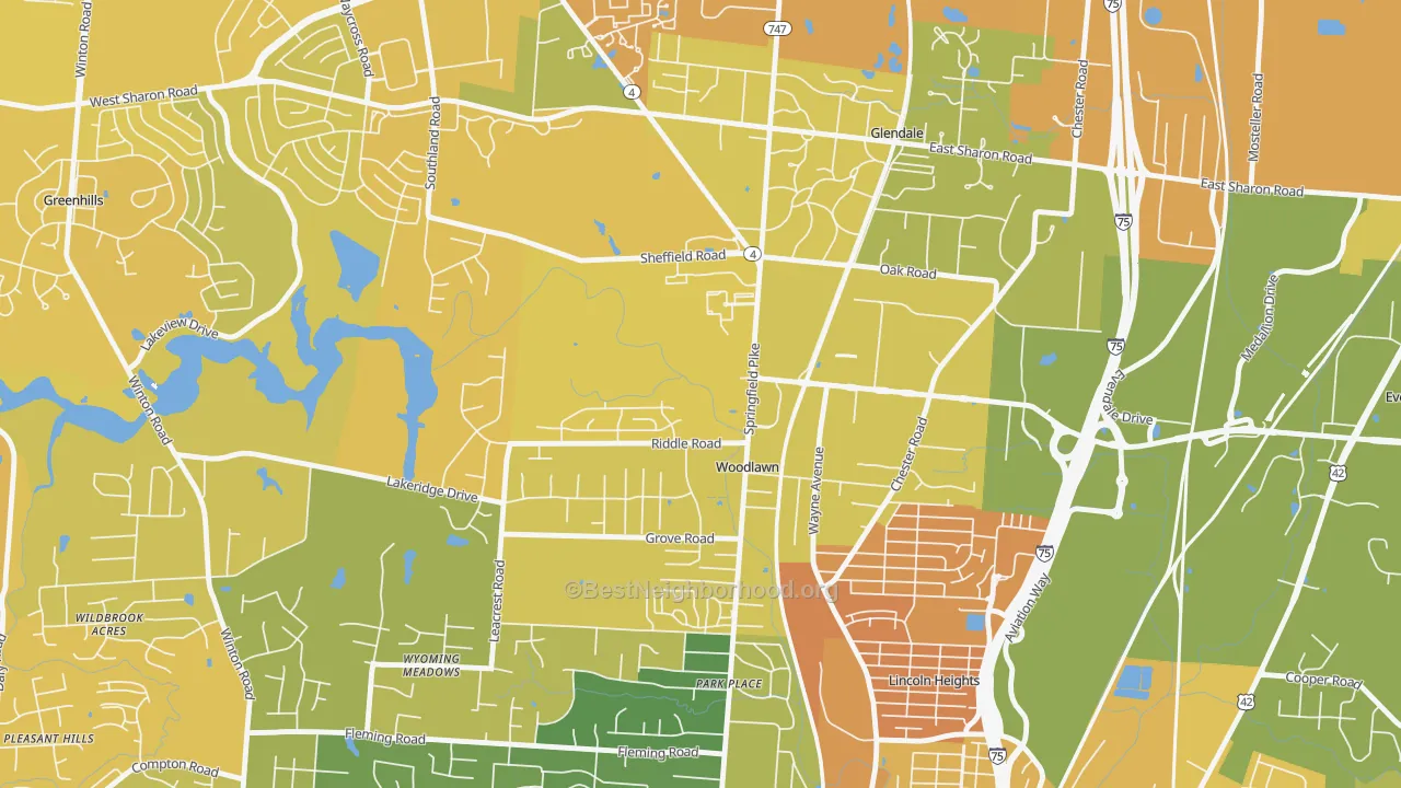 Map of the best neighborhoods in the Woodlawn area, with better matches in green and worse matches in red