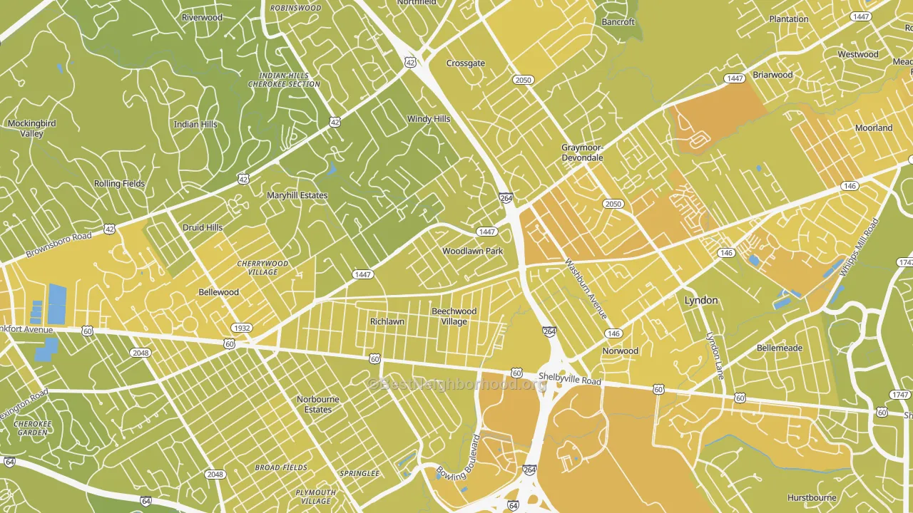 Map of the best neighborhoods in the Woodlawn Park area, with better matches in green and worse matches in red