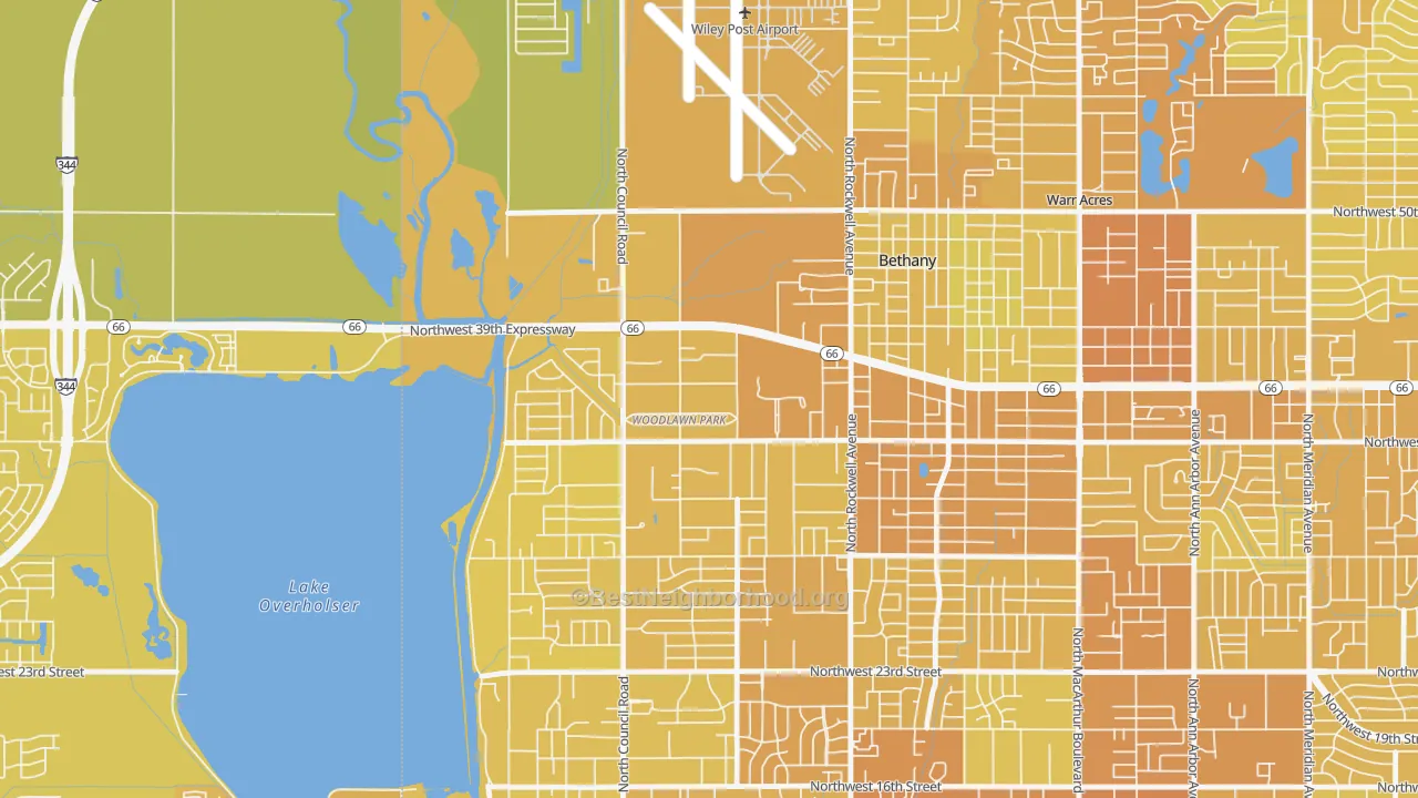 Map of the best neighborhoods in the Woodlawn Park area, with better matches in green and worse matches in red