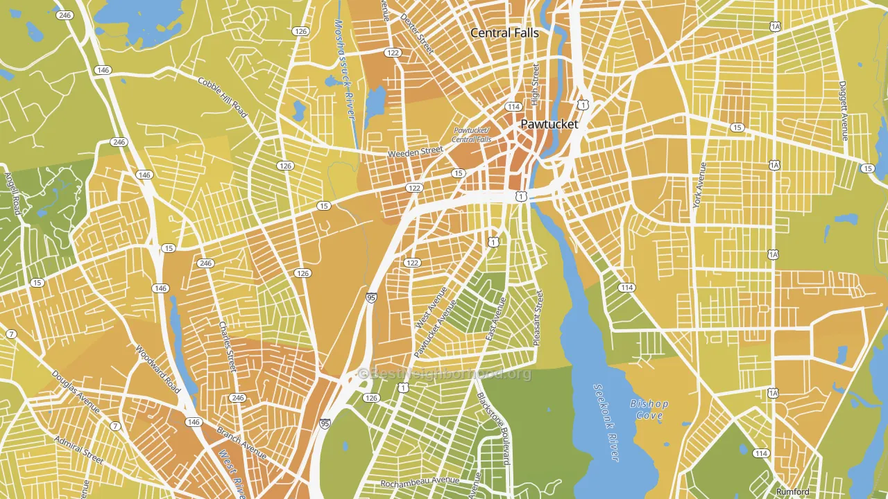 Map of the best neighborhoods in the Woodlawn, Pawtucket area, with better matches in green and worse matches in red