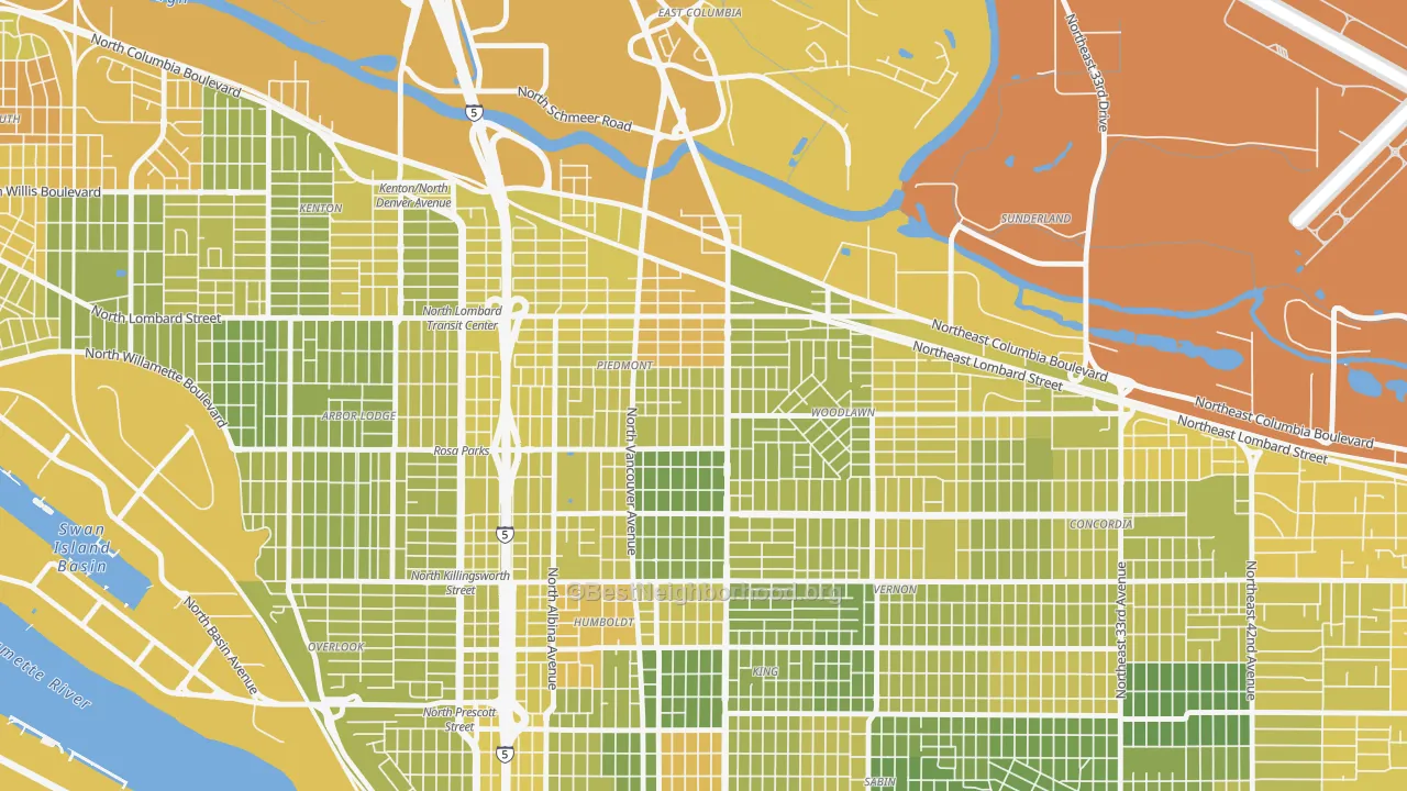 Map of the best neighborhoods in the Woodlawn, Portland area, with better matches in green and worse matches in red