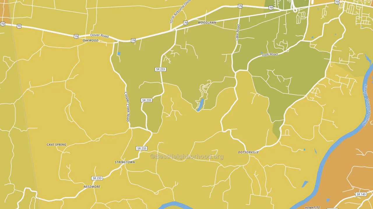 Map of the best neighborhoods in the Woodlawn area, with better matches in green and worse matches in red