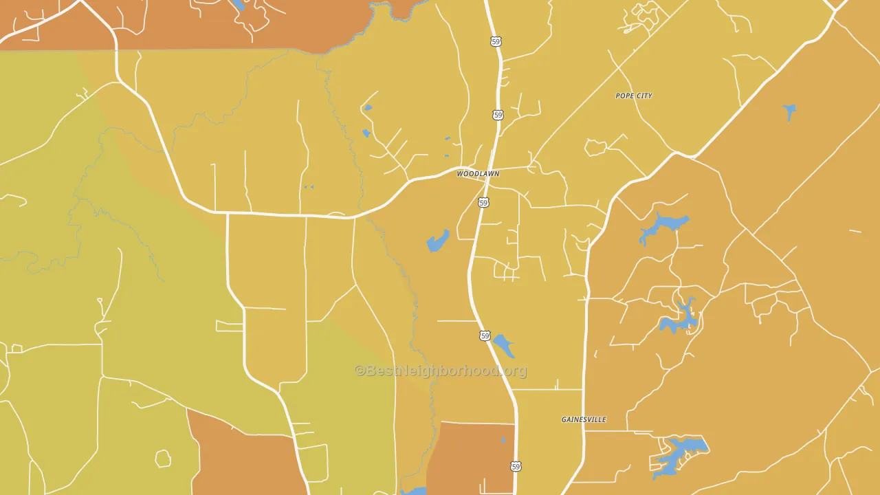 Map of the best neighborhoods in the Woodlawn area, with better matches in green and worse matches in red