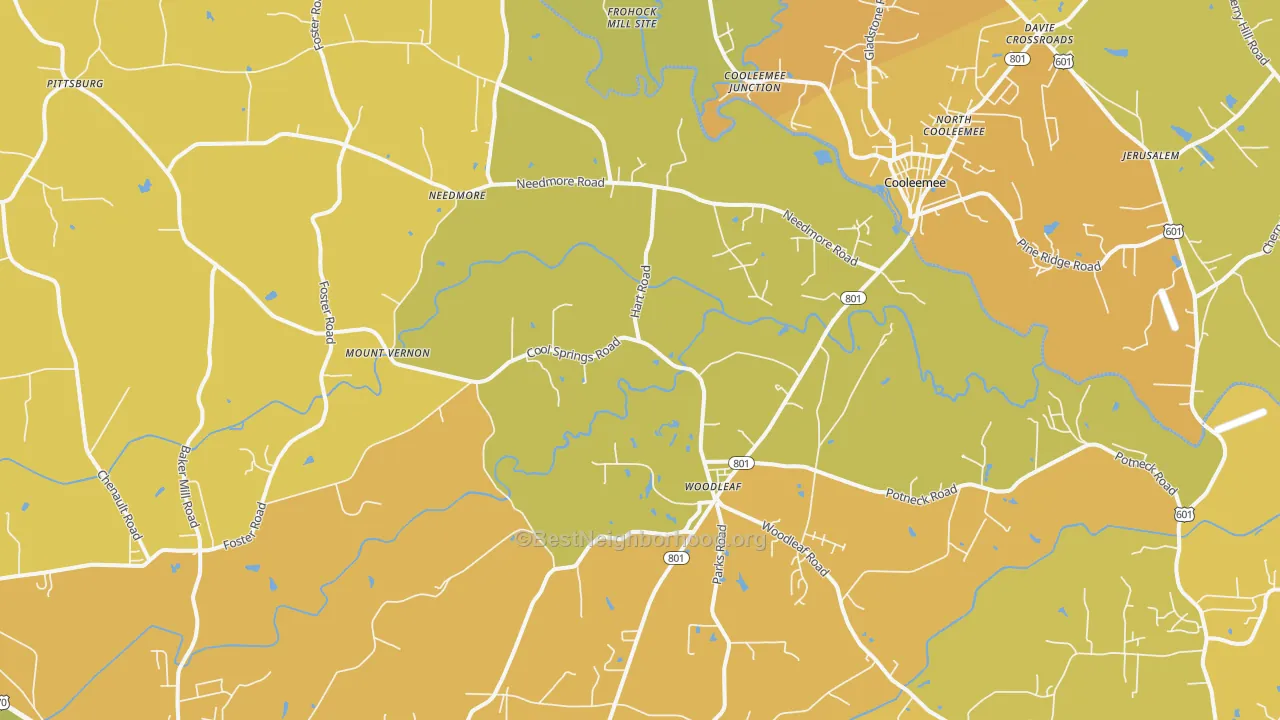 Map of the best neighborhoods in the Woodleaf area, with better matches in green and worse matches in red