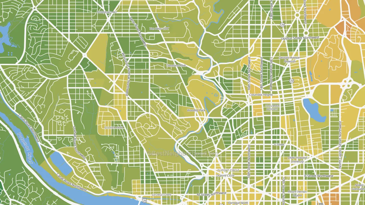 Map of the best neighborhoods in the Woodley Park, Washington area, with better matches in green and worse matches in red