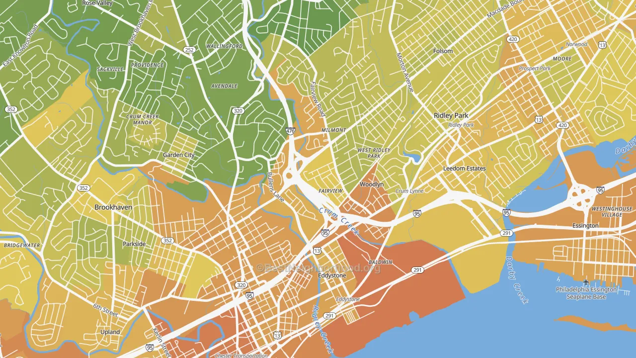 Map of the best neighborhoods in the Woodlyn area, with better matches in green and worse matches in red