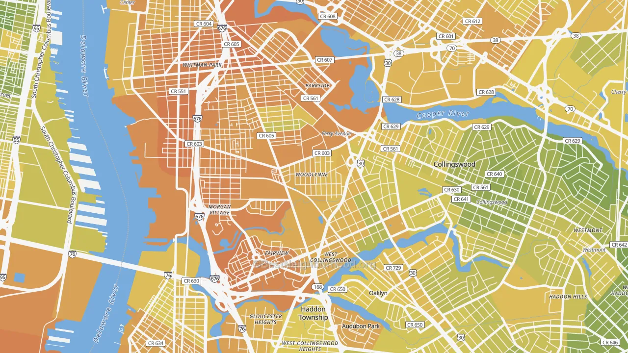 Map of the best neighborhoods in the Woodlynne area, with better matches in green and worse matches in red