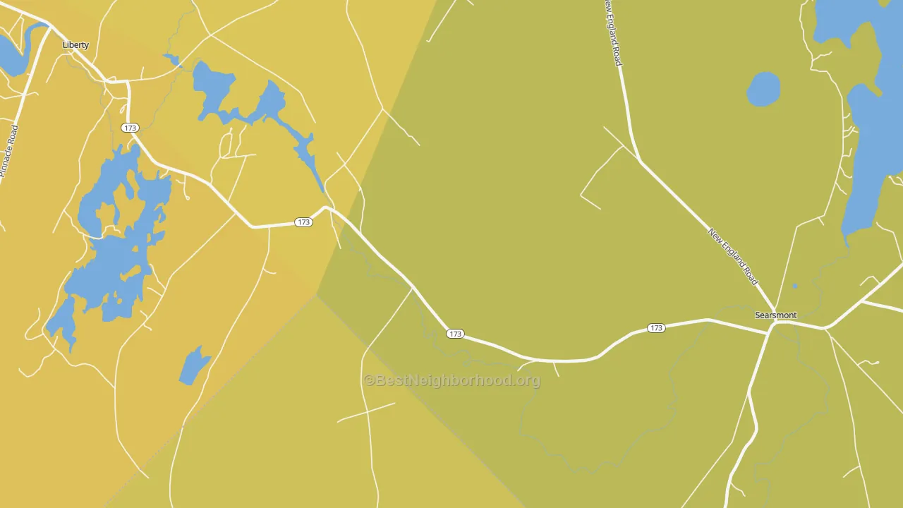 Map of the best neighborhoods in the Woodmans Mills area, with better matches in green and worse matches in red