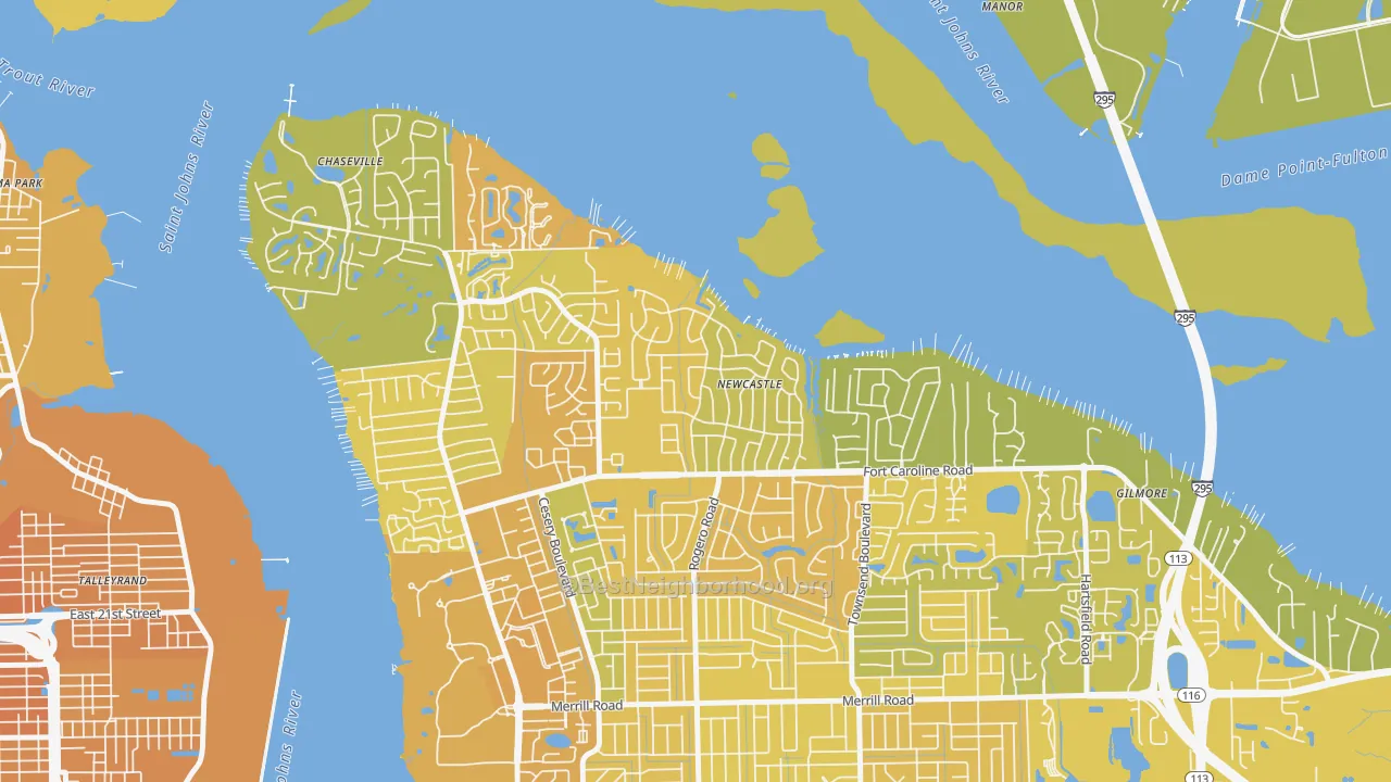 Map of the best neighborhoods in the Woodmere, Jacksonville area, with better matches in green and worse matches in red
