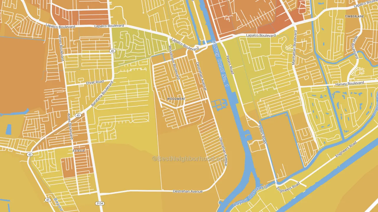 Map of the best neighborhoods in the Woodmere area, with better matches in green and worse matches in red
