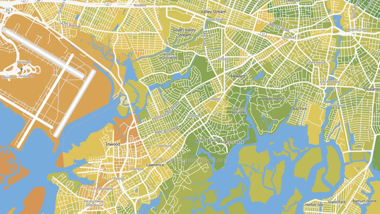 Map of the best neighborhoods in the Woodmere area, with better matches in green and worse matches in red