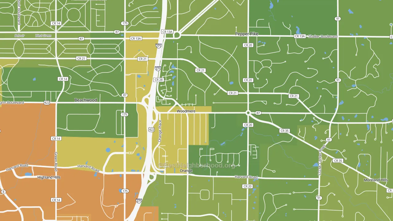 Map of the best neighborhoods in the Woodmere area, with better matches in green and worse matches in red
