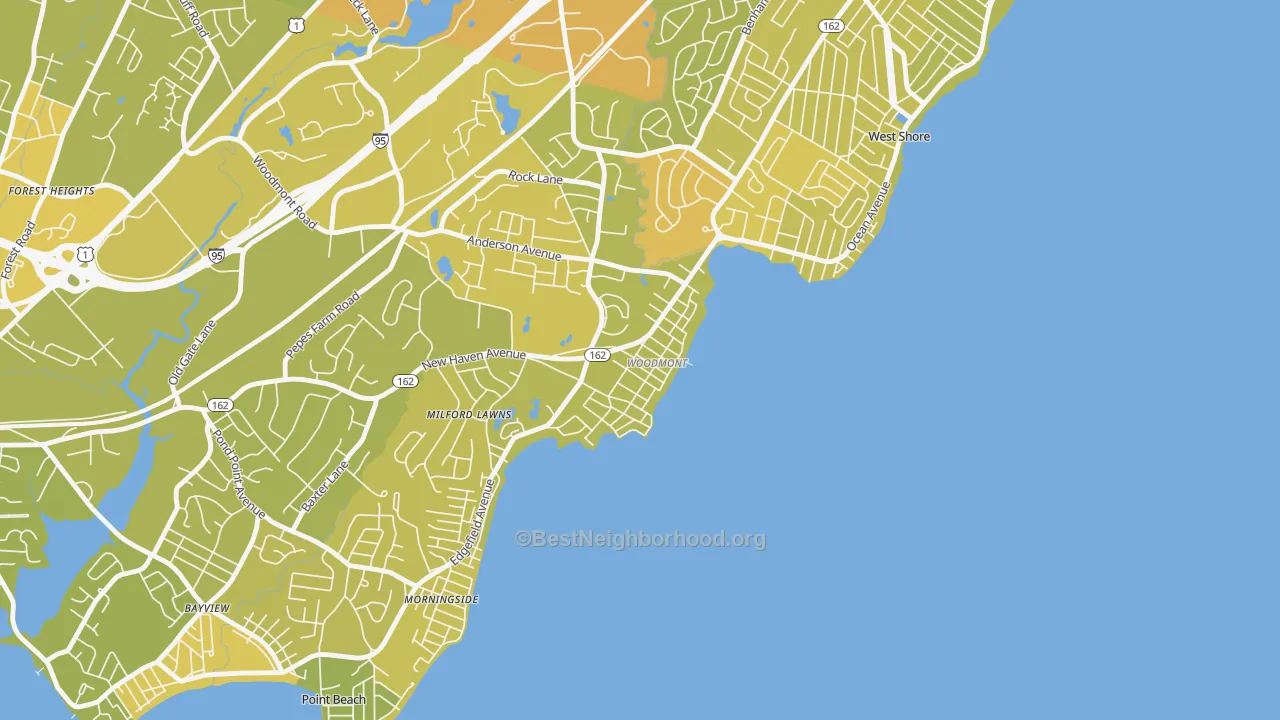 Map of the best neighborhoods in the Woodmont area, with better matches in green and worse matches in red