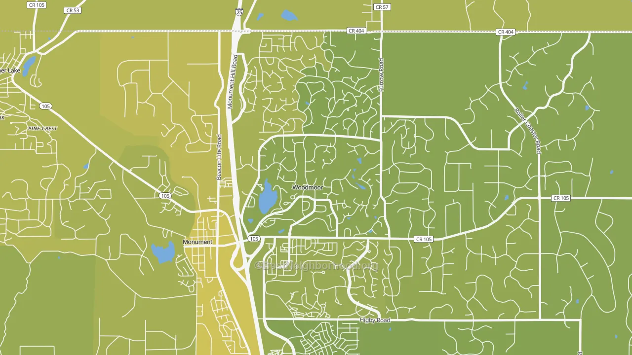 Map of the best neighborhoods in the Woodmoor area, with better matches in green and worse matches in red
