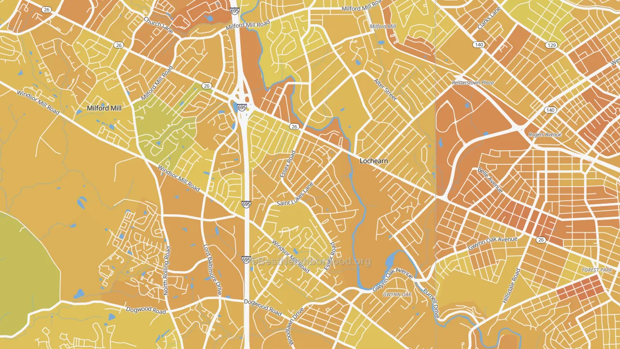 Map of the best neighborhoods in the Woodmoor, Lochearn area, with better matches in green and worse matches in red