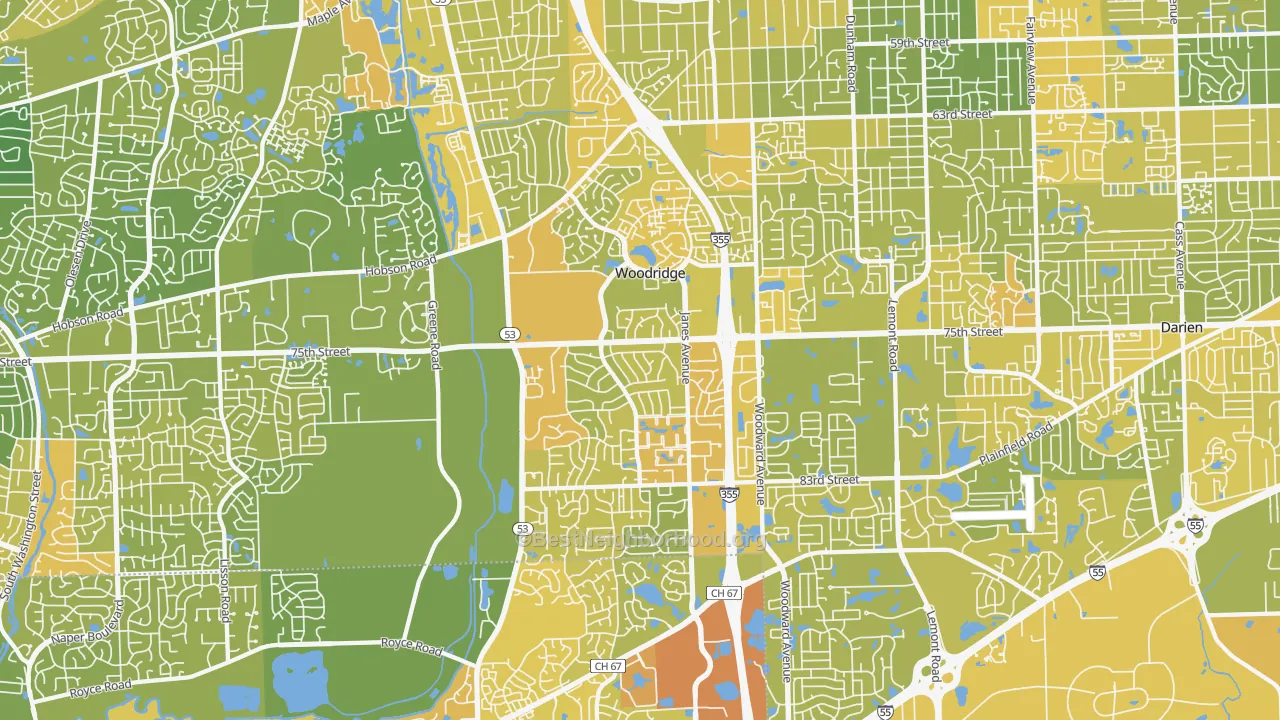 Map of the best neighborhoods in the Woodridge area, with better matches in green and worse matches in red