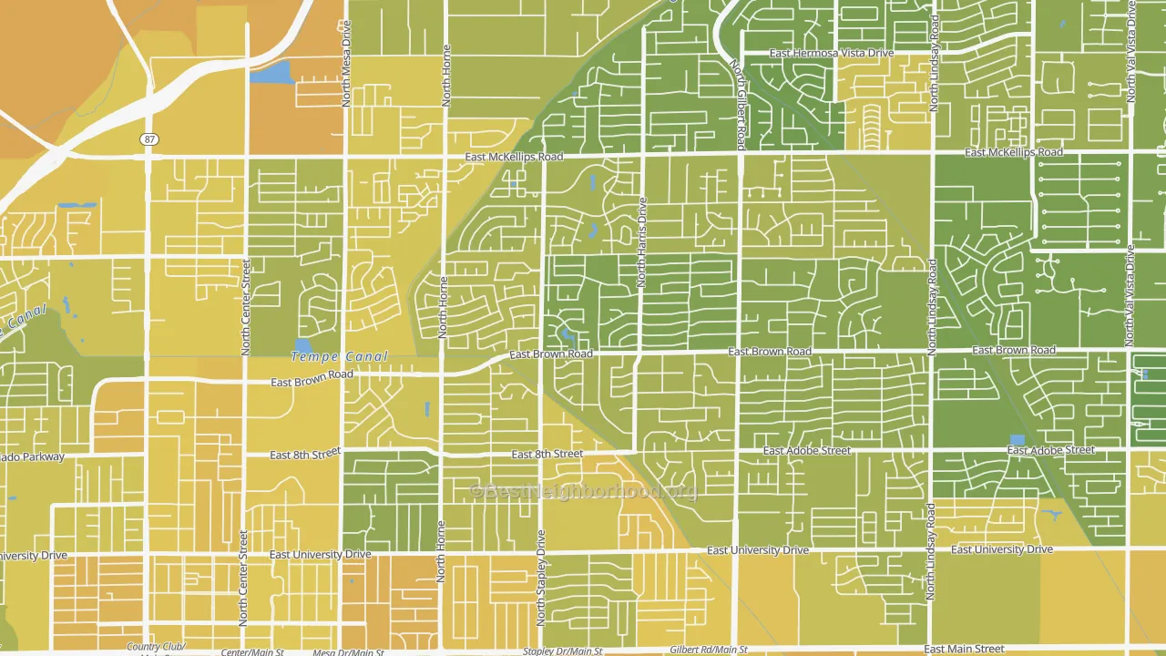 Map of the best neighborhoods in the Woodridge Lakes, Mesa area, with better matches in green and worse matches in red