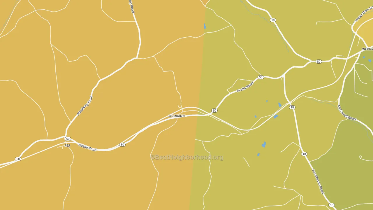 Map of the best neighborhoods in the Woodrow area, with better matches in green and worse matches in red