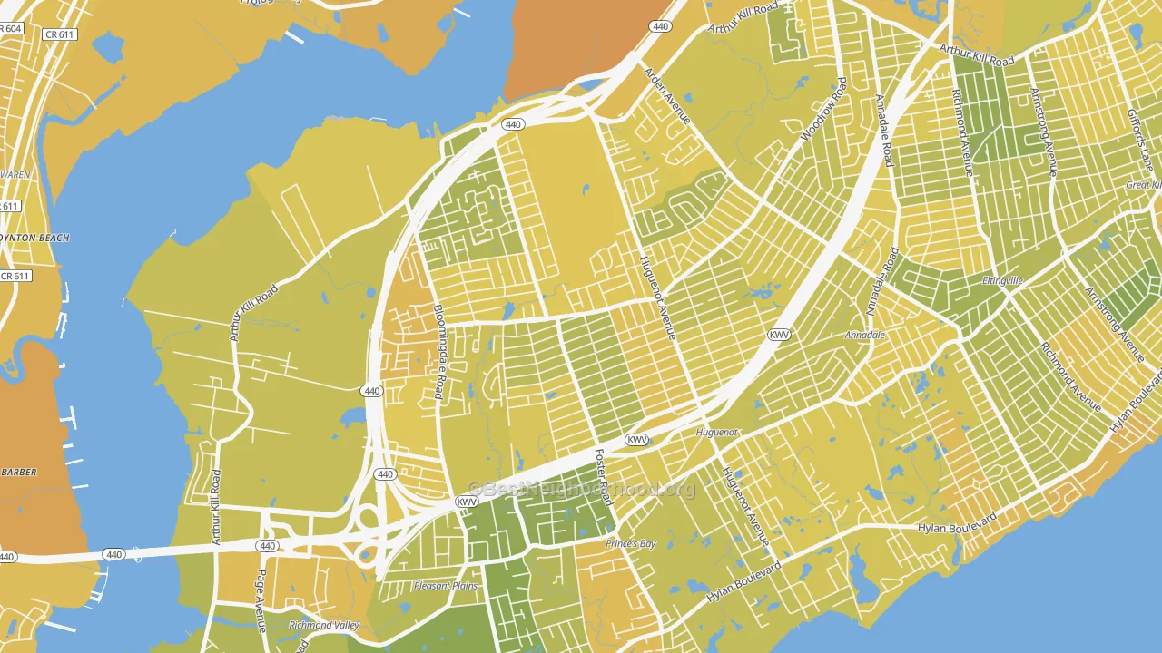 Map of the best neighborhoods in the Woodrow, Staten Island area, with better matches in green and worse matches in red