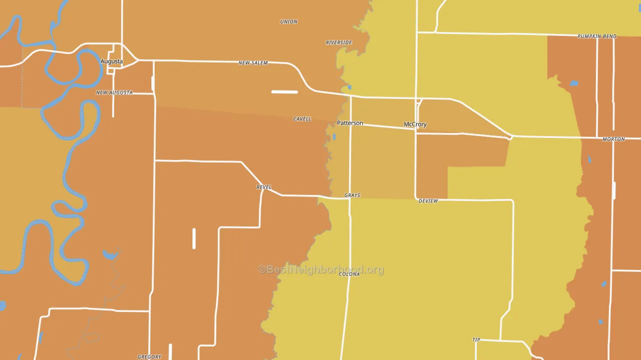 Map of the best neighborhoods in the Woodruff County area, with better matches in green and worse matches in red