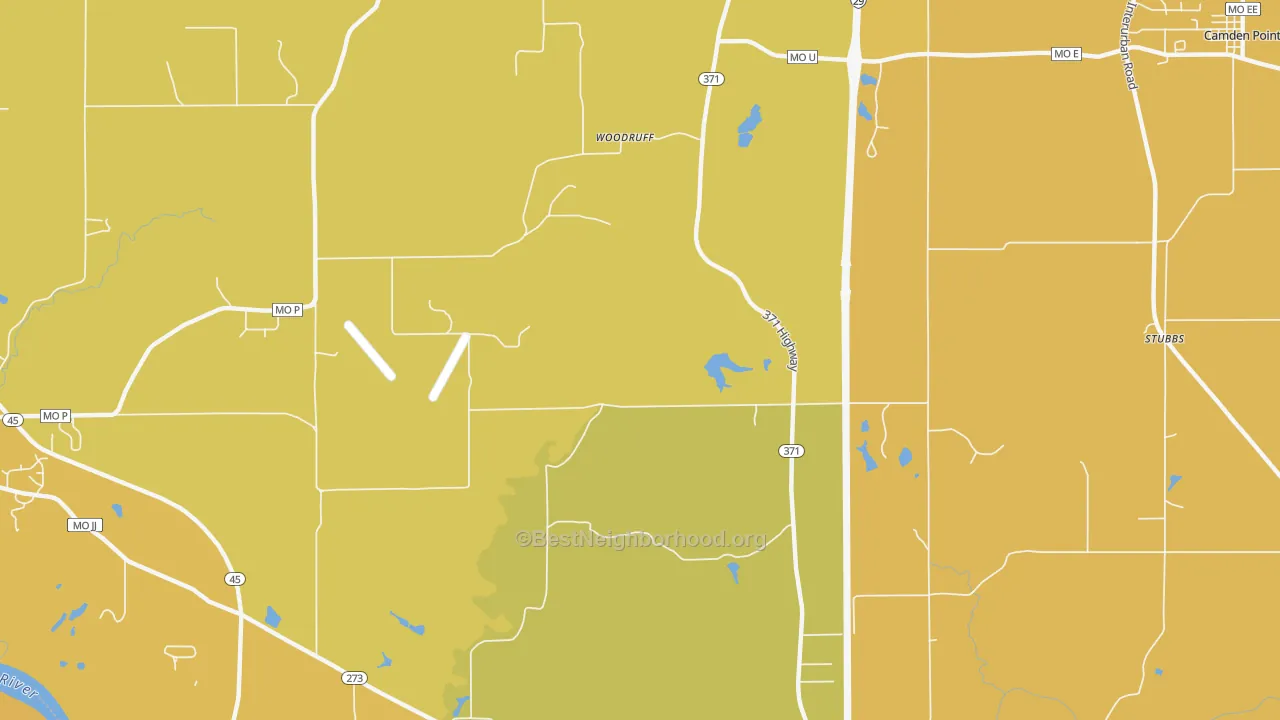Map of the best neighborhoods in the Woodruff area, with better matches in green and worse matches in red