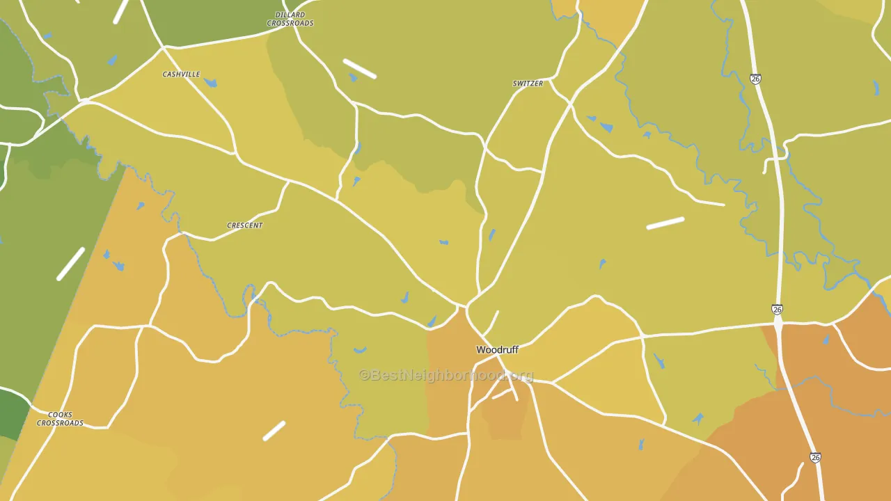 Map of the best neighborhoods in the Woodruff area, with better matches in green and worse matches in red