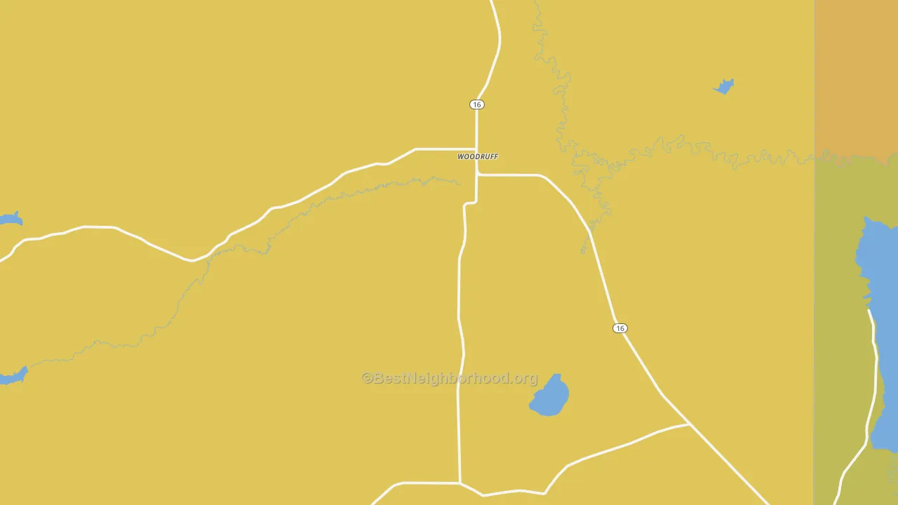 Map of the best neighborhoods in the Woodruff area, with better matches in green and worse matches in red
