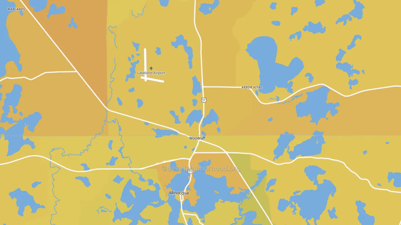 Map of the best neighborhoods in the Woodruff area, with better matches in green and worse matches in red